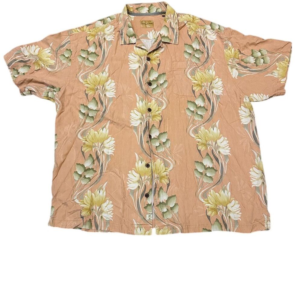 Tommy‎ Bahama Men's 2XL Peach Floral Silk Hawaiian Shirt Short Sleeve